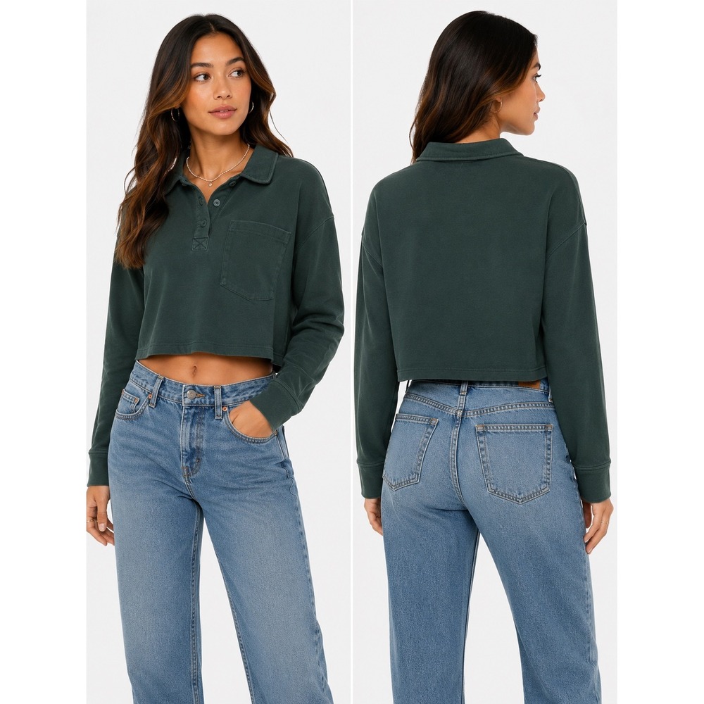 Mod Ref Polo Shirt Womens Small Green Cropped Long Sleeve Pocket Dark Academia